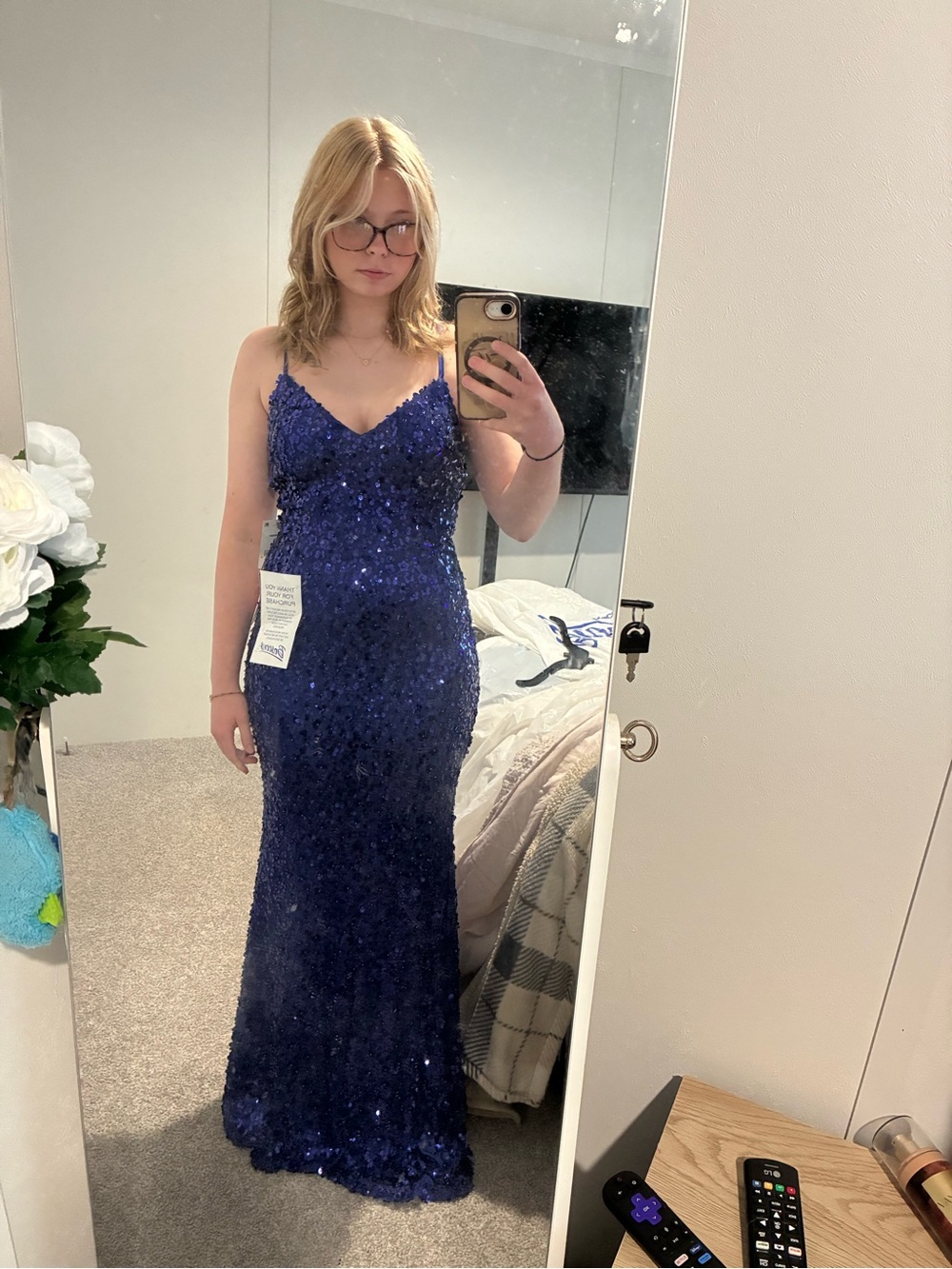 Crystal Doll Royal Blue Sequin Prom Gown with Spaghetti Straps